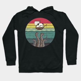 Funny Cute Fishing Panda Retro Sunset Distressed Vintage Rainbow Colors Hoodie